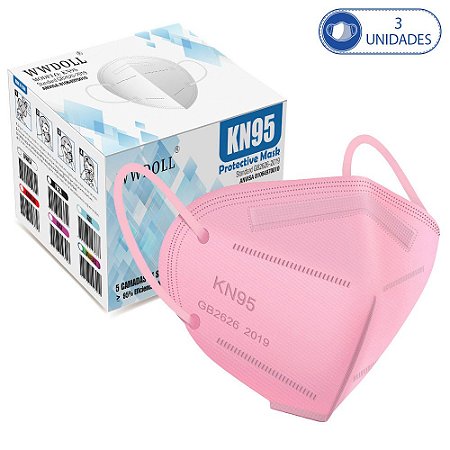 03 Máscaras KN95 Descartáveis Rosa WWDoll com Filtro Clipe p