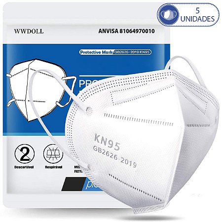 5 Máscaras Respiratórias KN95 Branca WWDoll 5 Camadas Anvisa