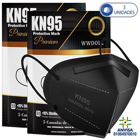 3 Máscaras Respiratórias KN95 PFF2 WWDoll 5 Camadas Preta