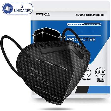 3Un Máscaras Descartáveis Preta KN95 PFF2 WWDoll Cód Anvisa