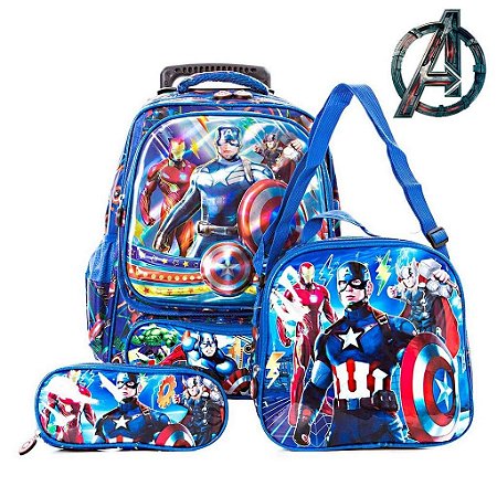 Mochila Escolar Capitão América Rodinhas Lancheira+Estojo