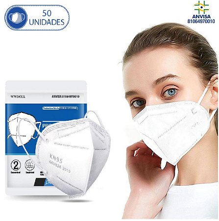 50 Máscaras Descartáveis Branca KN95 WWDoll 5 Camadas Anvisa