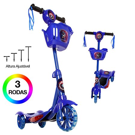 Brinquedo Patinete Infantil Capitão America 3 Rodas Com Luz.
