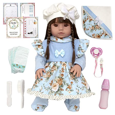 Bebé reborn realista boneca com uma camisola azul e calções branco