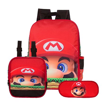 Mochila Masculina Super Mario de Costas + Lancheira e Estojo