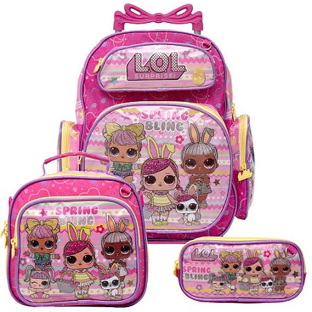 Kit Mochila Feminina Escolar de Rodinha LOL com Lancheira