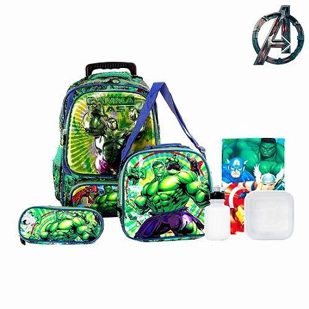 Kit Mochila Infantil Escolar Hulk Com Rodinha