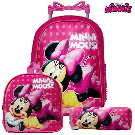 Kit Mochila Escolar Infantil Minnie Mouse Disney De Rodinha