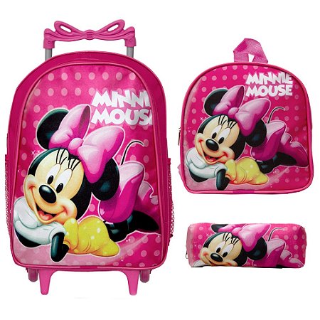Kit Mochila Escolar Infantil Minnie Com Rodinhas