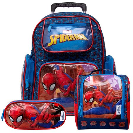 Kit Mochila Homem Aranha Escolar Rodinha Lancheira+Estojo