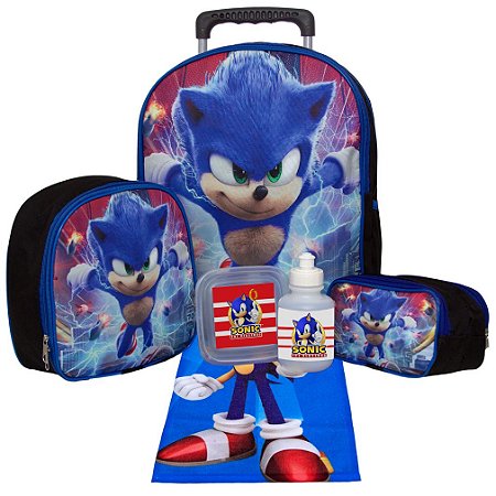 Kit Mochila Masculina Grande Escola Sonic Rodinha + Toalha