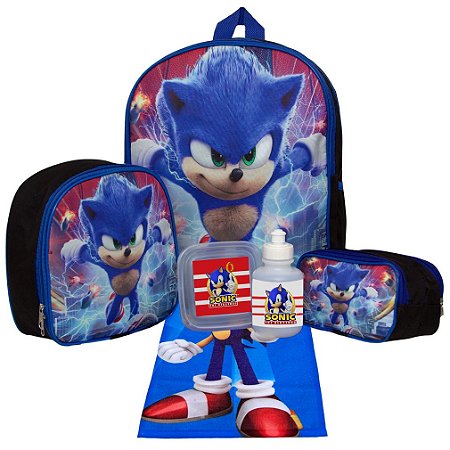 Kit Mochila Escolar Infantil Sonic O Filme Costas com 6 Pçs