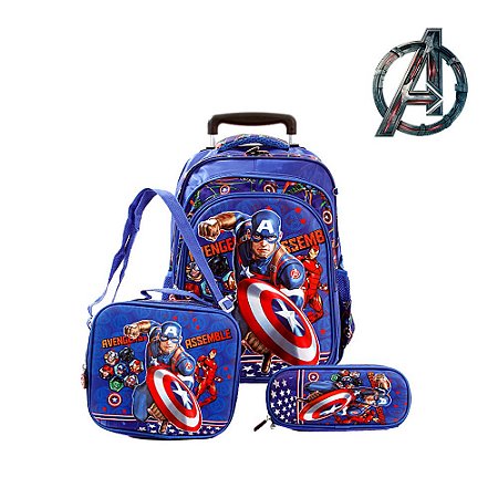 Kit Mochila Escolar Infantil Capitão América Marvel Rodinhas