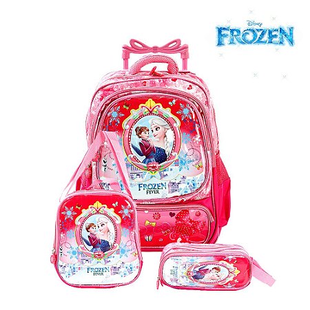 Kit Mochila Rosa Infantil Escolar Frozen Com Rodinhas Disney