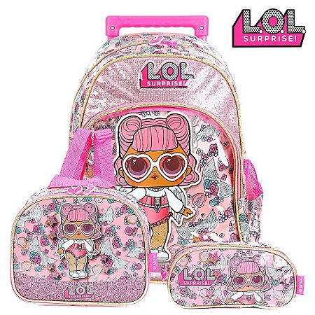 Kit Mochila Escolar Infantil LOL GLITER FLOWER Com Rodinhas