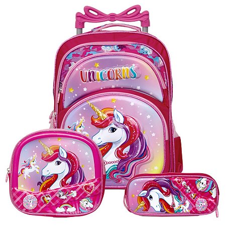 Kit Mochila Infantil Escolar Unicórnio 3D de Rodinhas