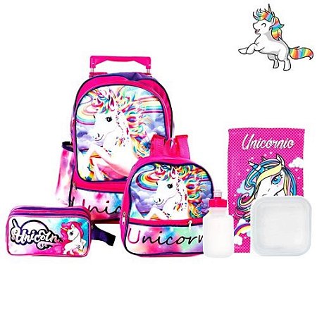 Kit Mochila Escolar Infantil Unicórnio Com Rodinha