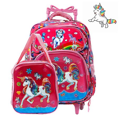 Kit Mochila Escolar Infantil Unicórnio 3D De Rodinhas Rosa