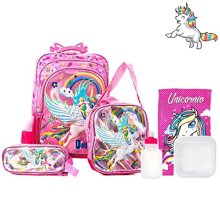 Kit Mochila Escolar Infantil Unicórnio 3D de Rodinhas