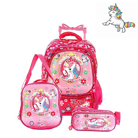 Kit Mochila Infantil Escolar Unicórnio Com Rodinhas