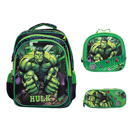 Kit Mochila Infantil Escolar Incrível Hulk Marvel Verde 3D