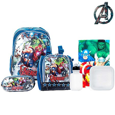 Kit Mochila Infantil Escolar Vingadores Marvel de Costas Azu