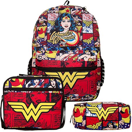 Mochila Feminina Infantil Mulher Maravilha Lancheira Estojo