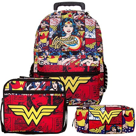 Mochila Feminina Infantil Mulher Maravilha Rodinha Lancheira