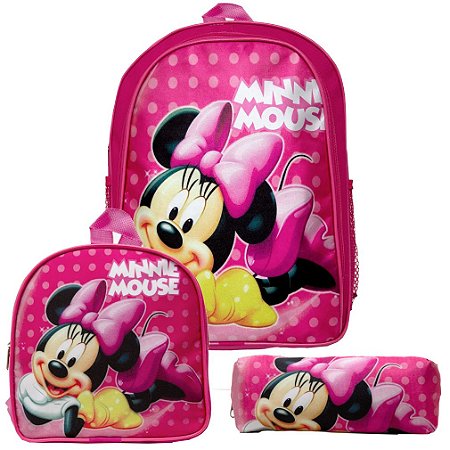 Mochila Menina Infantil Minnie Mouse Costas Lancheira Estojo
