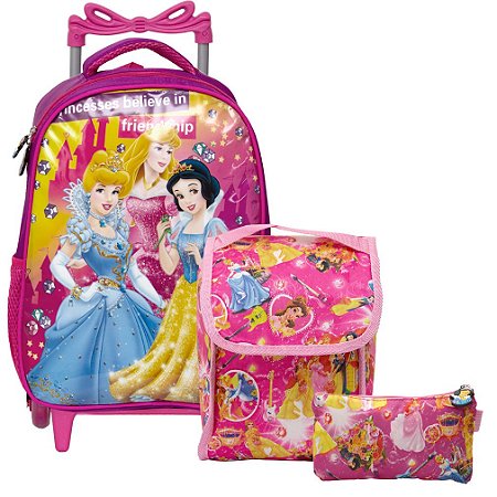 Kit Mochila Escolar Infantil Rosa Princesas de Rodinhas