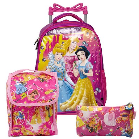 Kit Mochila Escolar Infantil Princesas de Rodinhas