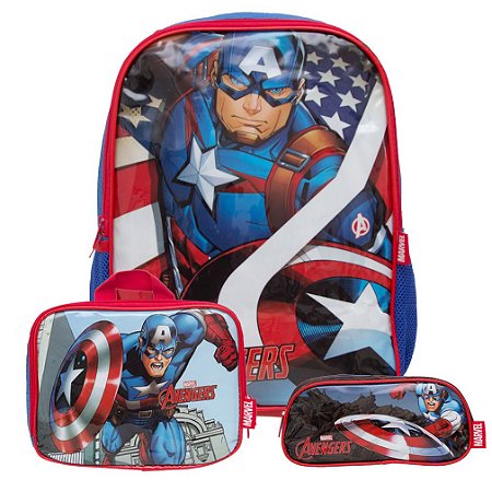 Mochila Masculina Infantil Capitão América Lancheira Estojo
