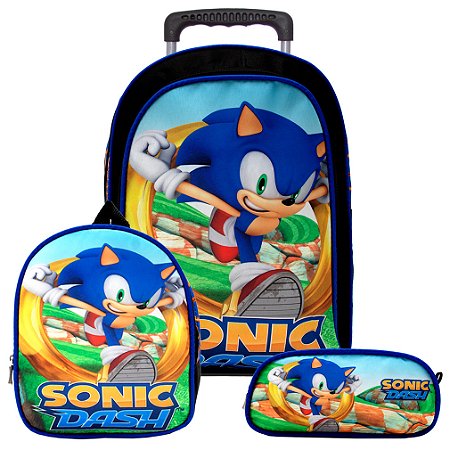 Mochila Infantil Masculina de Rodinha Sonic Lancheira Estojo