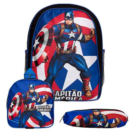Mochila Infantil Masculina Capitão América Lancheira Estojo