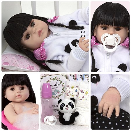 Boneca Reborn Panda Corpo de Silicone 13 Acessórios Morena
