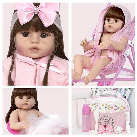 Boneca Bebe Reborn Castanha Rosa