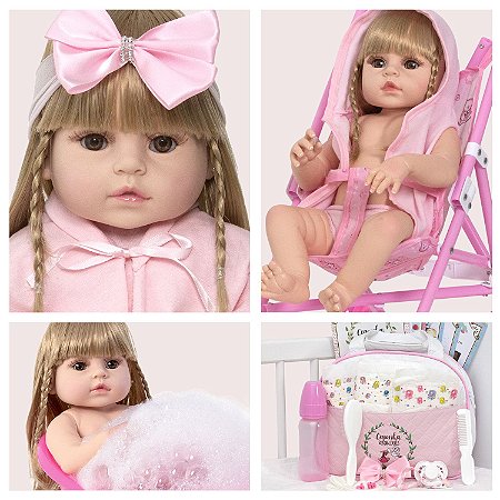 Kit Boneca Menina Realista + Carrinho Passeio + Bolsa + Jogo