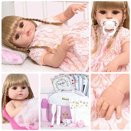 Boneca Reborn Realista Loira Silicone Bolsa 20 Acessórios