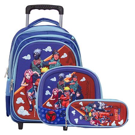 Mochila Infantil Masculina Rodinha Naruto Lancheira Estojo