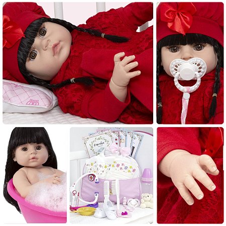 Boneca Reborn Realista Morena Vestido Vermelho Enxoval Bolsa