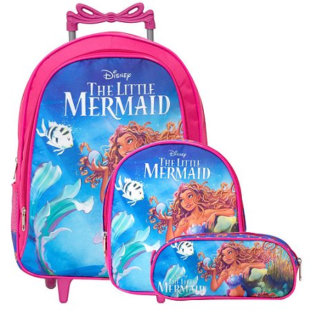 Kit Mochila Infantil Feminina Rodinha Pequena Sereia Desenho