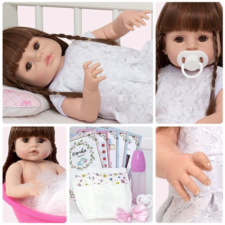 Boneca Reborn Realista Menina Linda Cabelo Castanho 13 Itens