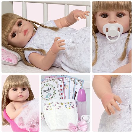Boneca Reborn Realista Loira Kit 13 Acessórios Pode Banho