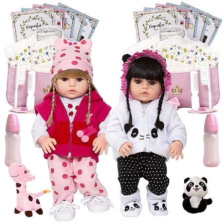 Boneca Reborn Gêmeas Girafinha Pandinha Enxoval Completo