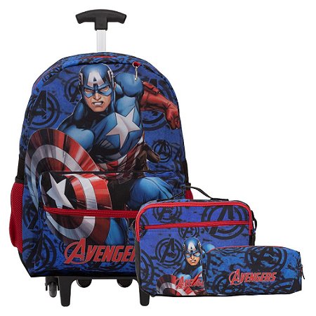 Kit Mochila Infantil Masculina Rodinhas Capitão América Azul