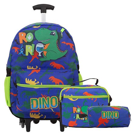 Kit Mochila Infantil Masculina Rodinha Dinossauro Juvenil