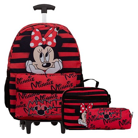 Kit Mochila Infantil Rodinha Minnie Mouse Juvenil Vermelha