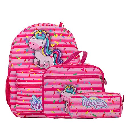 Kit Mochila Infantil Feminina Unicórnio Rosa Tam M Costas