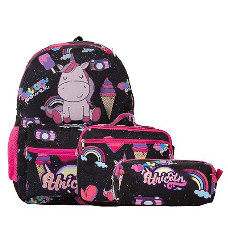 Kit Mochila Infantil Feminina Unicórnio Juvenil Tam M Costas