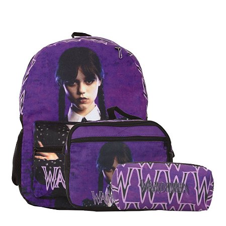 Kit Mochila Infantil Feminina Wandinha Tam M Juvenil Costas